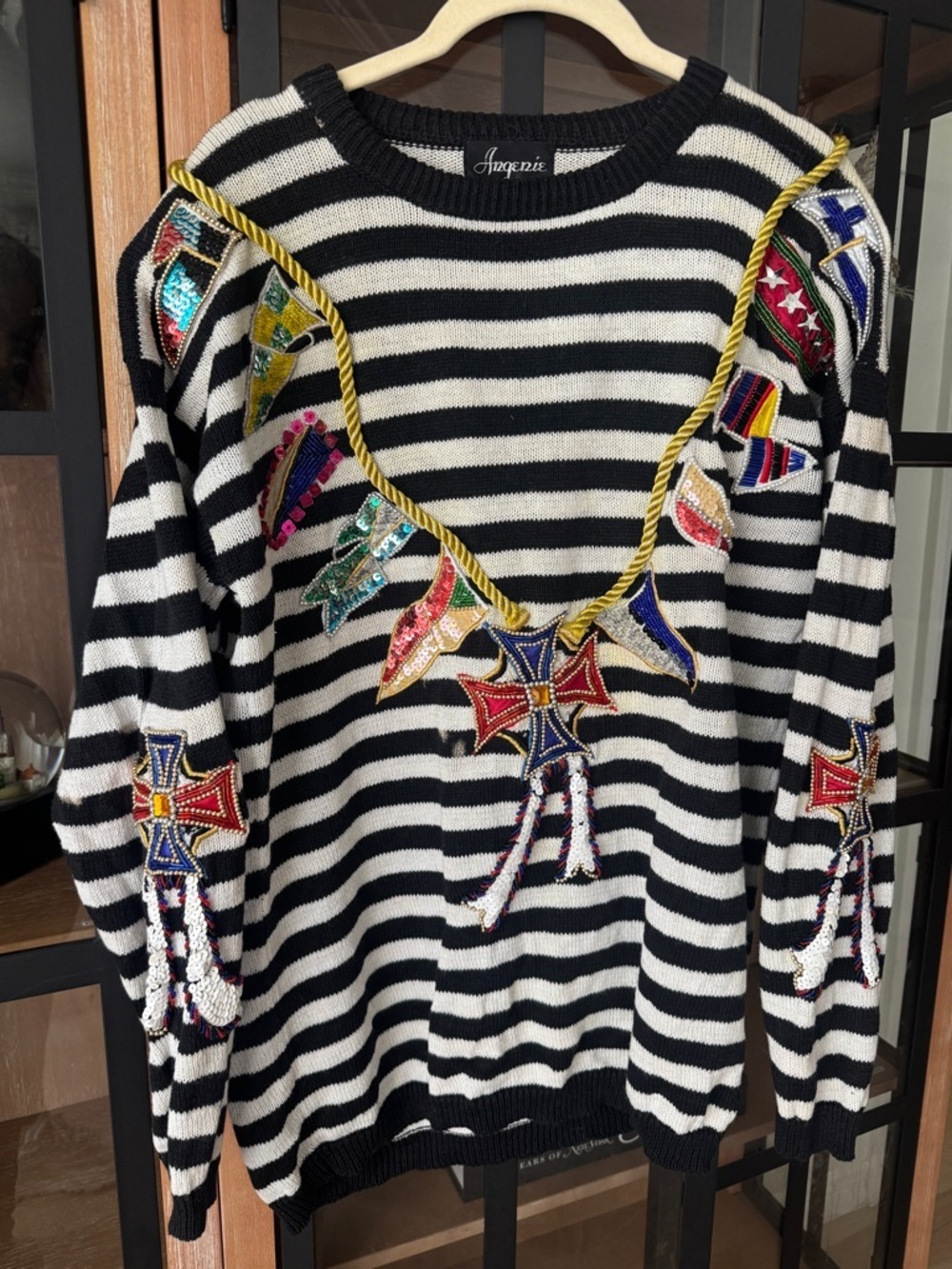 Vintage 80s Nautical beaded embroidered 3D sweater flags knit striped sequined